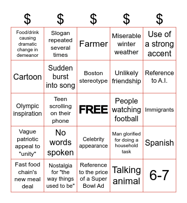 Super Bowl Commercial Bingo Card