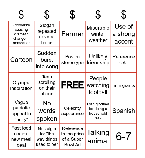 Super Bowl Commercial Bingo Card