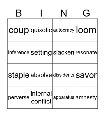 Vocab Test #12 Bingo Card