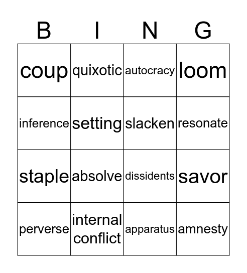 Vocab Test #12 Bingo Card