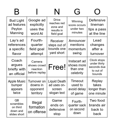 Super Bowl LX Bingo Card
