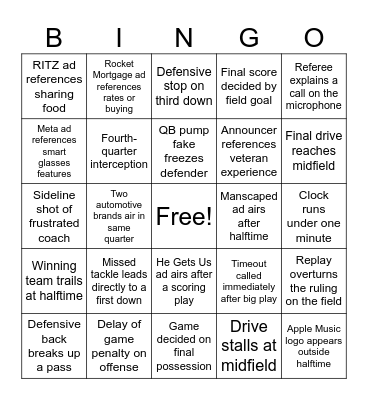 Super Bowl LX Bingo Card