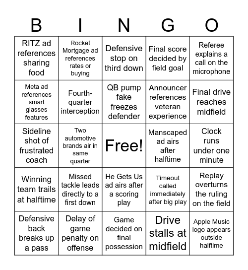 Super Bowl LX Bingo Card