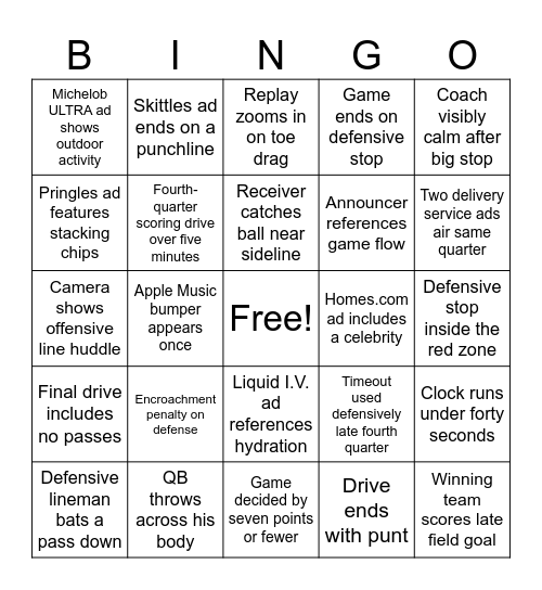Super Bowl LX Bingo Card