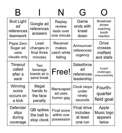 Super Bowl LX Bingo Card