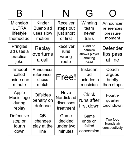 Super Bowl LX Bingo Card