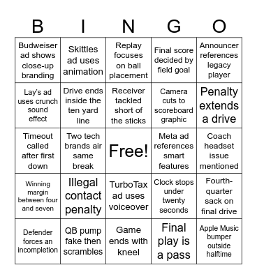 Super Bowl LX Bingo Card