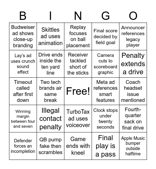 Super Bowl LX Bingo Card