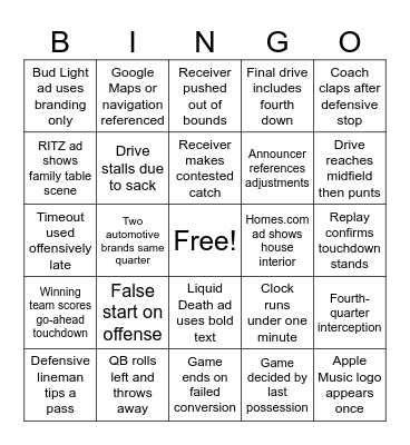 Super Bowl LX Bingo Card