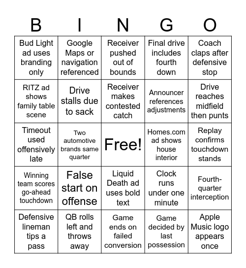 Super Bowl LX Bingo Card
