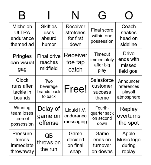 Super Bowl LX Bingo Card