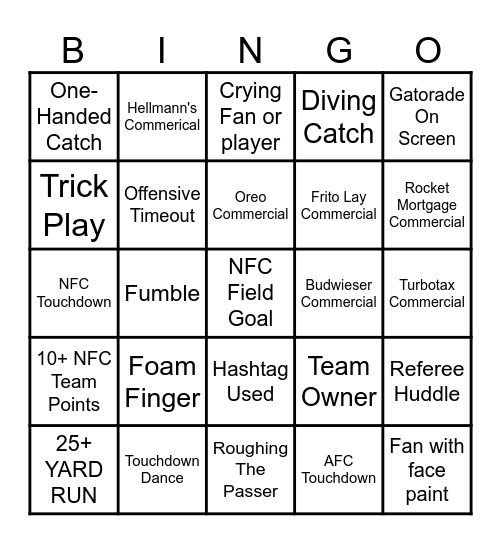 Superbowl 60 Bingo Card