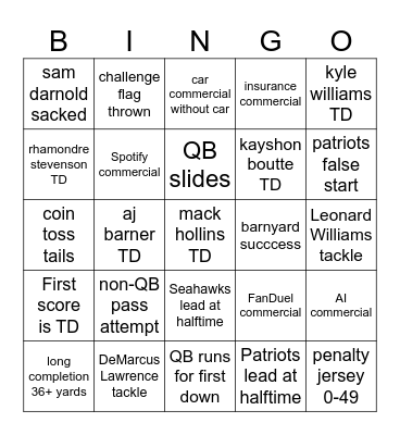 Super Bowl Bingo Card