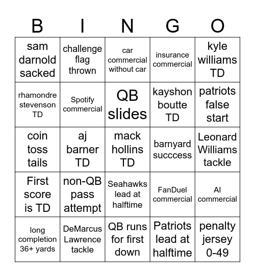 Super Bowl Bingo Card