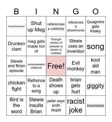 Family Guy bingo Card