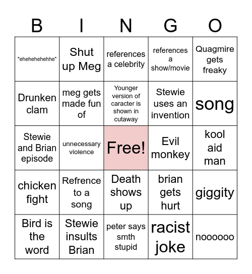 Family Guy bingo Card