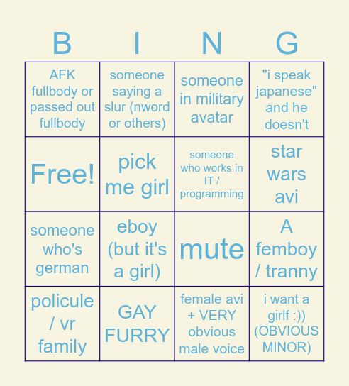VRCHAT Bingo Card