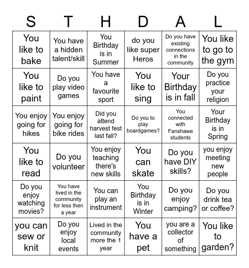 South Dale Bingo Card