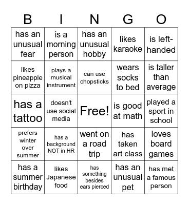 Find a Friend Bingo Card
