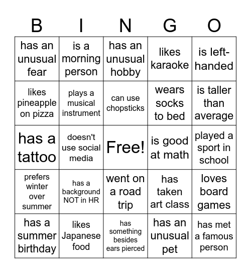 Find a Friend Bingo Card