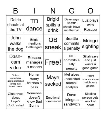Super Bowl Bingo Card