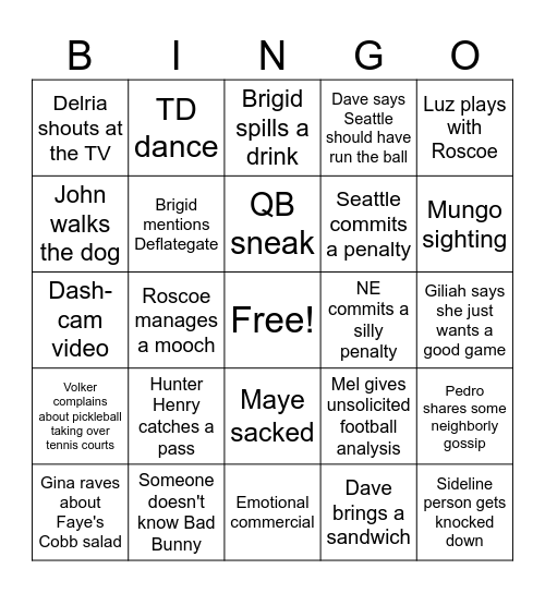Super Bowl Bingo Card