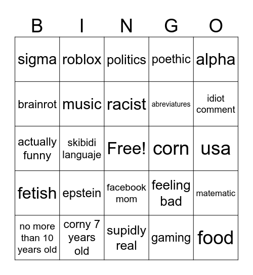tik tok Bingo Card