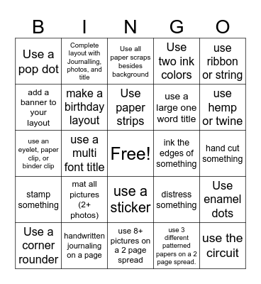 Scrapbook Bingo Card