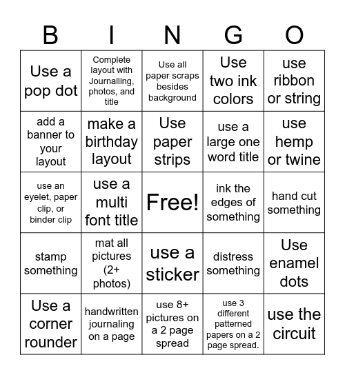 Scrapbook Bingo Card