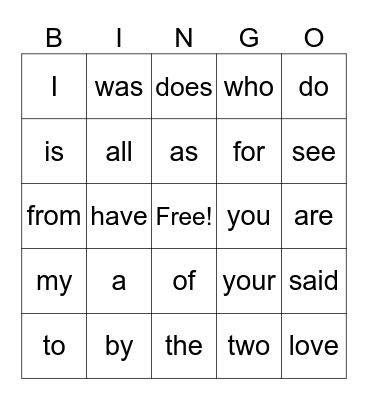 Heart Word Bingo Card