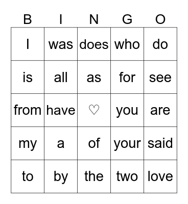 Heart Word Bingo Card