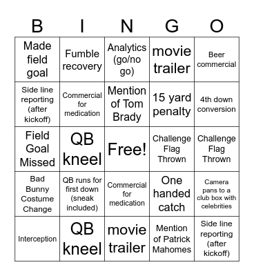 Super Bowl Bingo Card