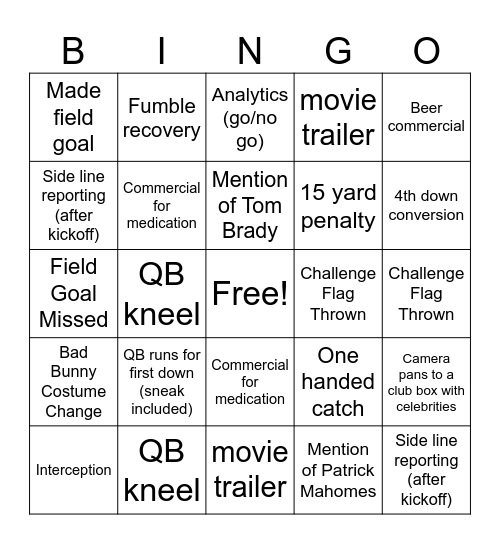 Super Bowl Bingo Card