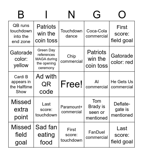 Super Bowl LX Bingo Card
