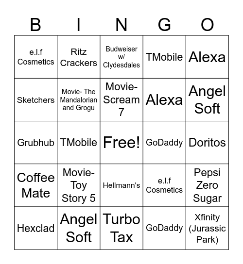 2026 Superbowl Commercial Bingo Card