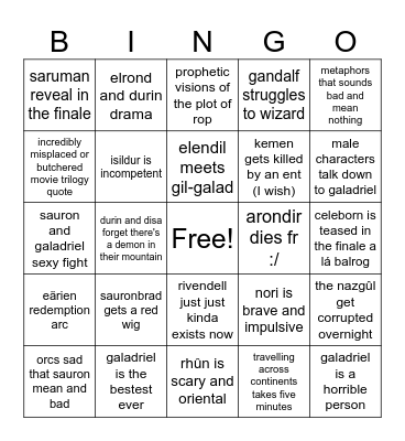 Rings of Power S3 Bingo Card