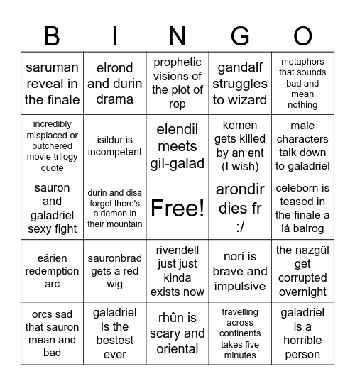 Rings of Power S3 Bingo Card