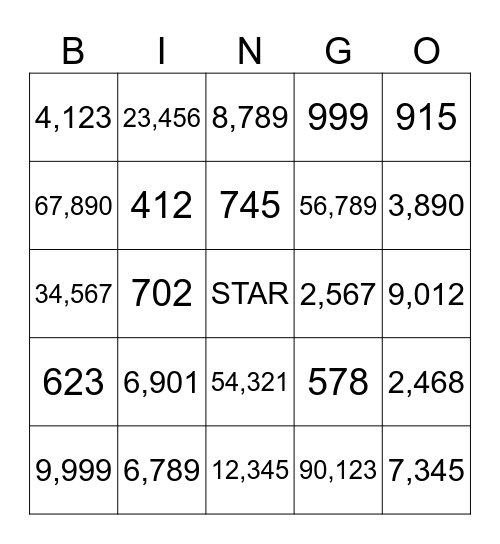 Place Value Bingo Card