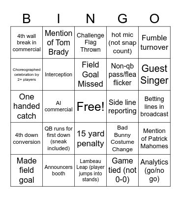 Super Bowl Bingo Card