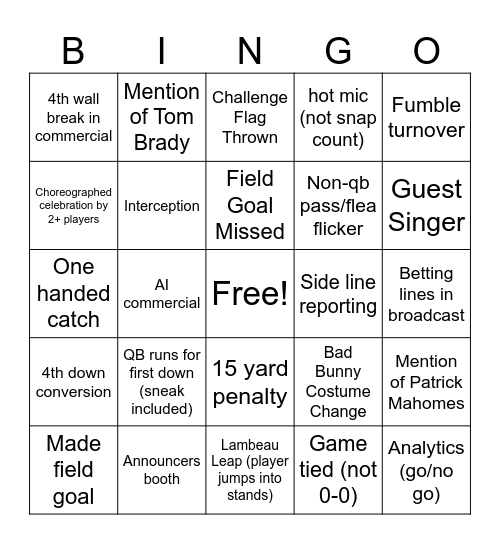 Super Bowl Bingo Card