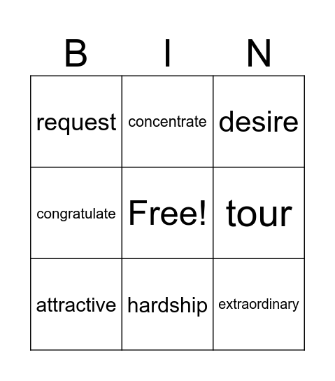 Vocabulary February 9-15 Bingo Card