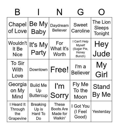 60s Music Bingo Card