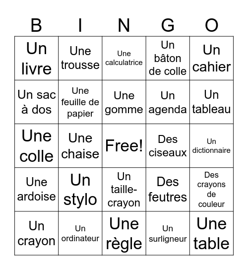 Fournitures scolaires Bingo Card