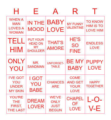 Love Song Bingo Card