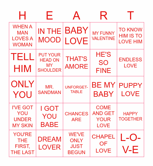 Love Song Bingo Card