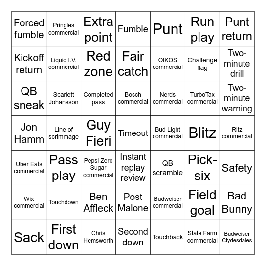 Super Bowl LIX Bingo Card