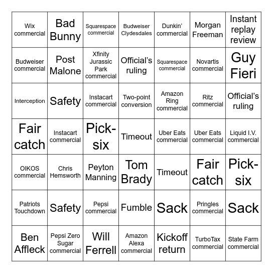 Super Bowl LIX Bingo Card