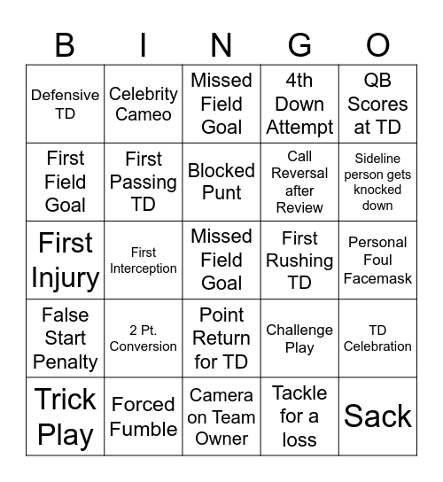 Superbowl 2026 Bingo Card