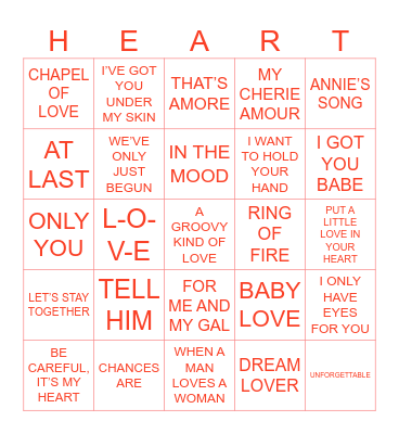 LOVE SONG BINGO Card