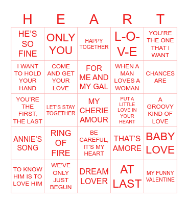 LOVE SONG BINGO Card